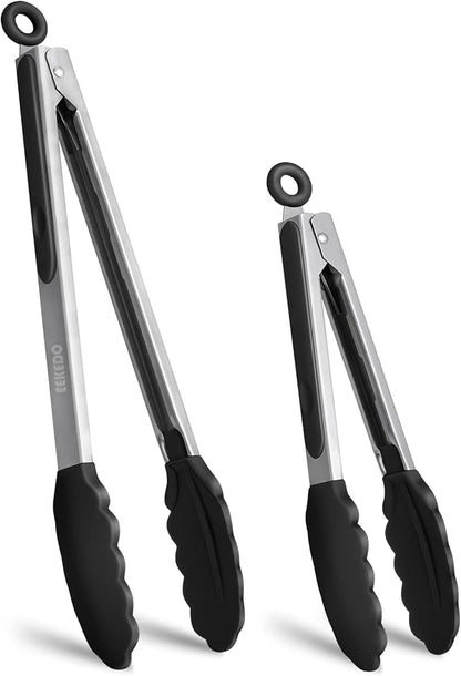 Tongs for Cooking, 600ºF High Heat-Resistant Stainless Steel Kitchen Tongs with Silicone Tips, Non Scratch, Locking Tong for BBQ Grilling Air Fryer Food Salads, Set of 2 (9" and 12") Black by EEKEDO