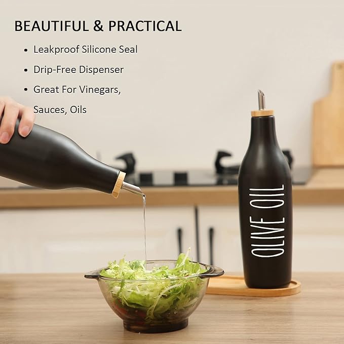 HOMCDALY Ceramic Olive Oil Dispenser for Kitchen, Stoneware 16oz Oil Cruet and Vinegar Bottles Dispenser, Kitchen Dispenser Bottle for EVOO Vinegar Syrups, Modern Farmhouse Design(B-O) - Image 4