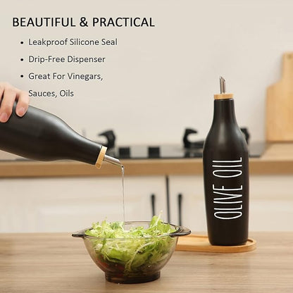 HOMCDALY Ceramic Olive Oil Dispenser for Kitchen, Stoneware 16oz Oil Cruet and Vinegar Bottles Dispenser, Kitchen Dispenser Bottle for EVOO Vinegar Syrups, Modern Farmhouse Design(B-O) - Image 4