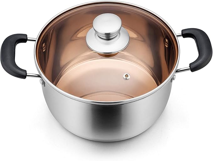 P&P CHEF 6 Qt Stockpot with Lid, Stainless Steel Cooking Stock Pot for Soup, Heat-Proof Double Handles with Visible Lid, Dishwasher Safe & Healthy, 1-Ply Metal