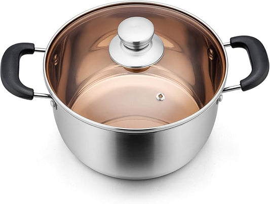 P&P CHEF 6 Qt Stockpot with Lid, Stainless Steel Cooking Stock Pot for Soup, Heat-Proof Double Handles with Visible Lid, Dishwasher Safe & Healthy, 1-Ply Metal