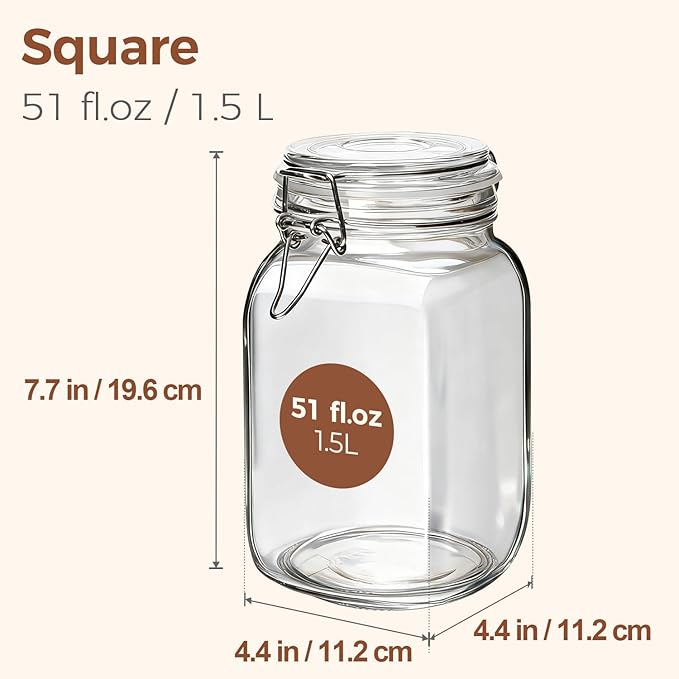 ComSaf Set of 3 Square Glass Jars with Airtight Lids (51 Oz), Wire Clamp Canisters for Pickling, Kombucha & Bulk Food, Wide Mouth Canning Jars for Space Saving Kitchen & Pantry Organization - Image 2