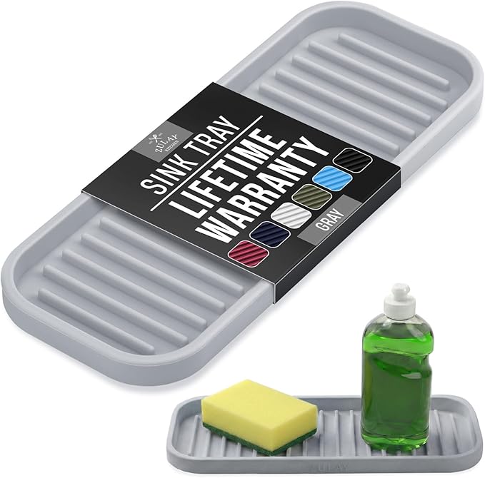 Zulay Kitchen (9x3.5in) Sponge Holder for Kitchen Sink - Flexible Heavy-Duty Multipurpose Sink Caddy - Counter Organizer for Kitchen, Bathroom, Makeup, Trinkets & More! (Grey) by ZulayKitchen