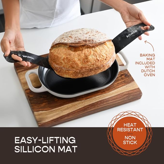 Krustic Enameled Cast Iron Dutch Oven for Professional Sourdough Bread Baking | 5.5 Quart Loaf Size Oval Cookware Pot with Lid | Triple-Layer Enamel Coating Pan with Non Stick Silicone Mat | White