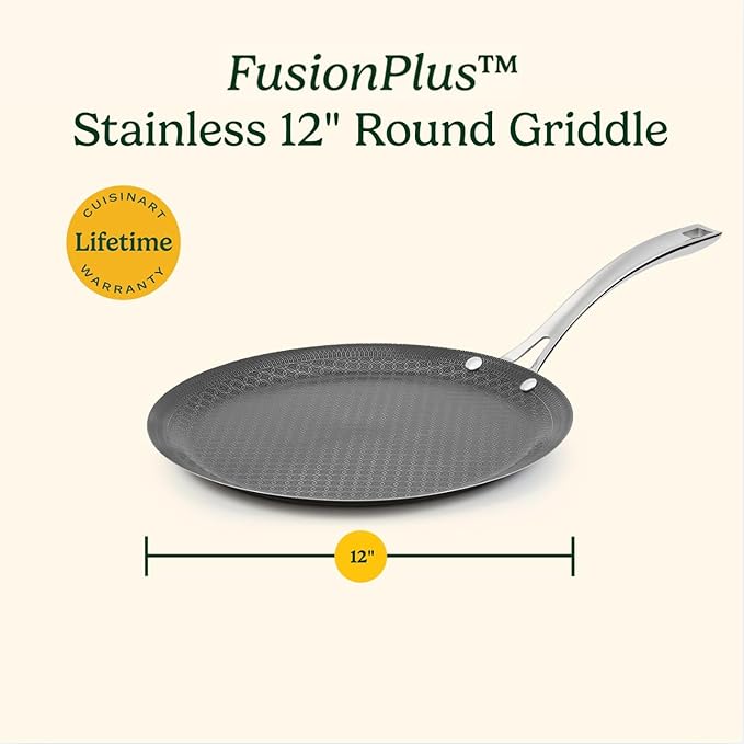 Cuisinart FusionPlus Hybrid Stainless Steel Cookware, 12-Inch Round Griddle Pan with PFAS-Free PURELYSEAR Ceramic Technology, Scratch Proof, Cool Grip Handles, Dishwasher Safe