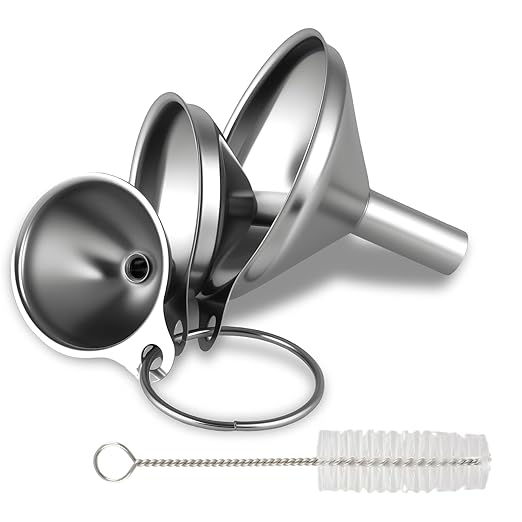 Stainless Steel Kitchen Funnel, Large, Medium and Small Three-piece Set with Cleaning Brush, Mini Metal Kitchen Funnel, for Transferring Liquids and Small Solids, Spices, Essential Oils, Fluid Foods