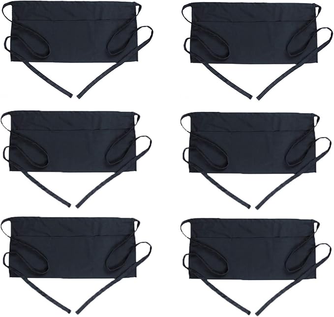 BOHARERS Waist Apron with 3 Pockets 6 Pack - Black Waitress Server Short Apron by BOHARERS