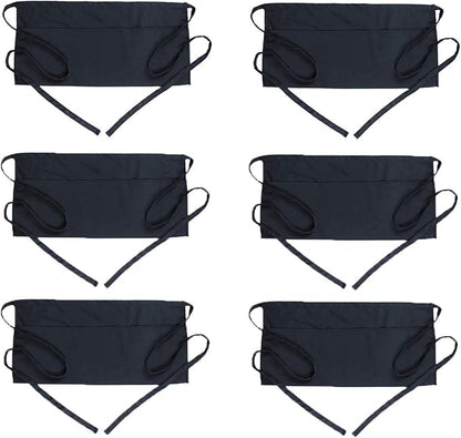 BOHARERS Waist Apron with 3 Pockets 6 Pack - Black Waitress Server Short Apron by BOHARERS