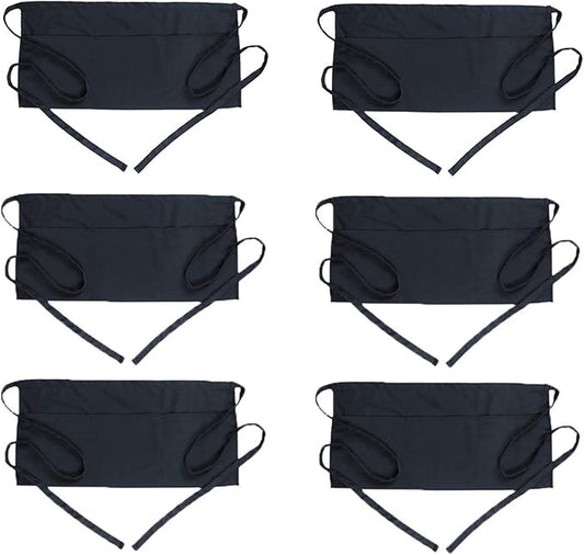 BOHARERS Waist Apron with 3 Pockets 6 Pack - Black Waitress Server Short Apron by BOHARERS