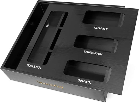 SpaceAid Bag Storage Organizer for Kitchen Drawer, Bamboo Organizer, Compatible with Gallon, Quart, Sandwich and Snack Variety Size Bag (1 Box 4 Slots), Black by SpaceAid