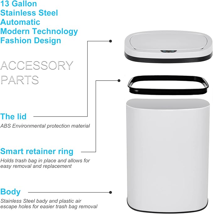 Bigacc 13 Gallon Touch Free Automatic Stainless Steel Trash Can Garbage Can Metal Trash Bin with Lid for Kitchen Living Room Office Bathroom, Electronic Motion Sensor Automatic Trash Can - White - Image 5