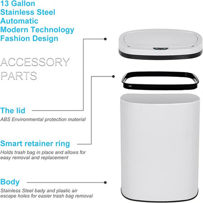 Bigacc 13 Gallon Touch Free Automatic Stainless Steel Trash Can Garbage Can Metal Trash Bin with Lid for Kitchen Living Room Office Bathroom, Electronic Motion Sensor Automatic Trash Can - White - Image 5