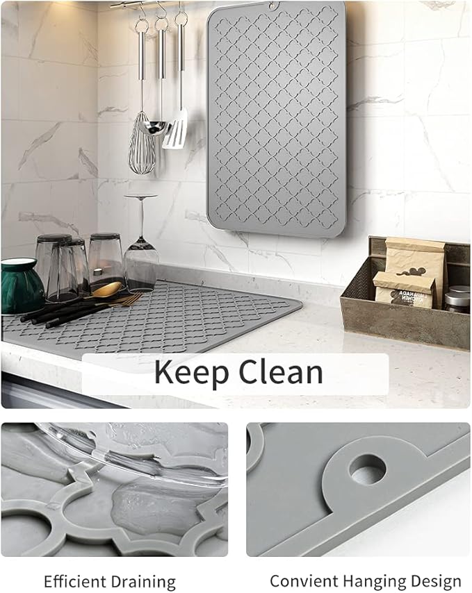 AMOAMI-Dish Drying Mats for Kitchen Counter-Silicone Dish Drying Mat-Kitchen Dish Drying Pad Heat Resistant Mat-Kitchen Gadgets Kitchen Accessories Kitchen Small Appliances(16" x 18", GREY) - Image 3