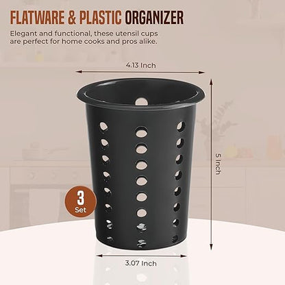 OCS Parts Perforated Utensil Drying Cups | Black | Set of 3 | Plastic Flatware Holder Cylinders for Kitchen Counter Organization - Image 2
