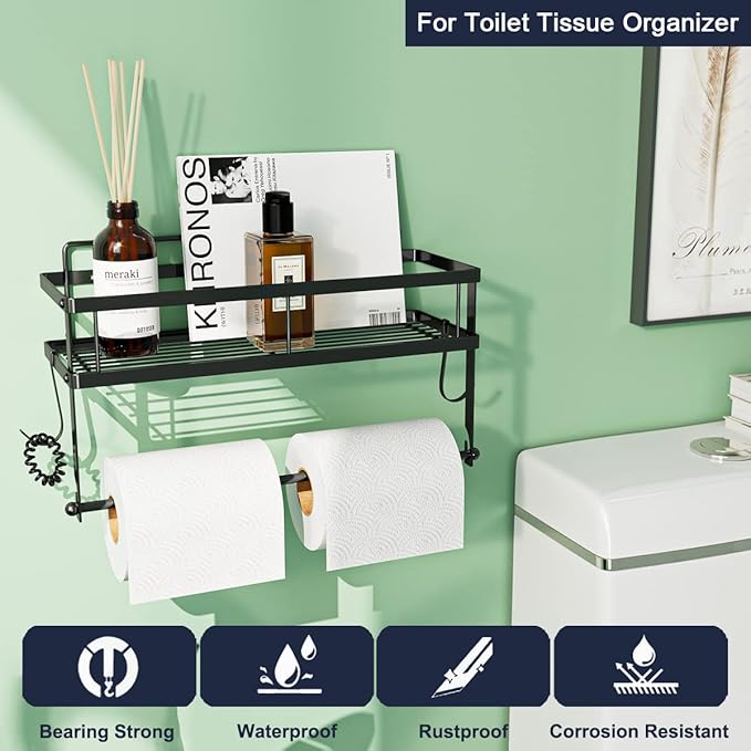 ESOW Paper Towel Holder with Shelf Storage, Adhesive Wall Mount 2-in-1 Basket Organizer for Kitchen & Bathroom, Durable Metal Wire Design, Stainless Steel 304 Matte Black Finish - Image 4