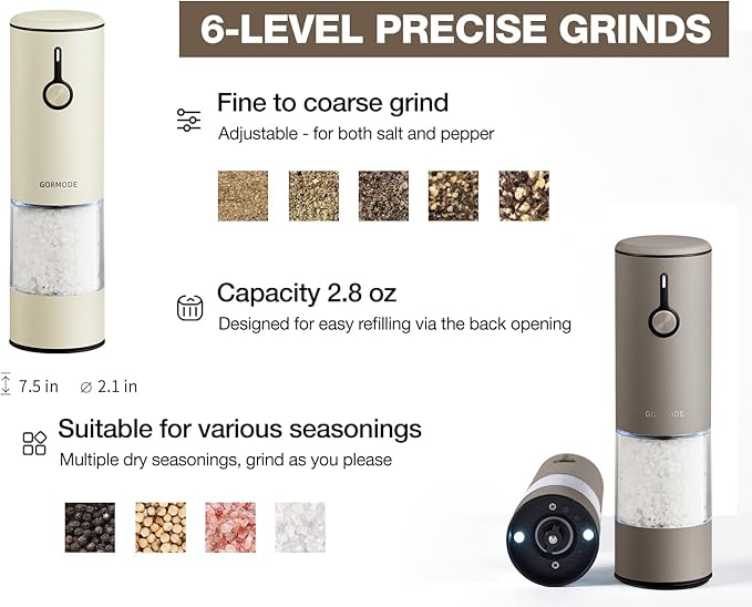Stainless Steel Rechargeable Electric Salt and Pepper Grinder Set – USB Charging, One-Hand Electric Mill, Adjustable Coarseness, LED Light & Dust Cover –2pack(Greige & Buttercream) - Image 4