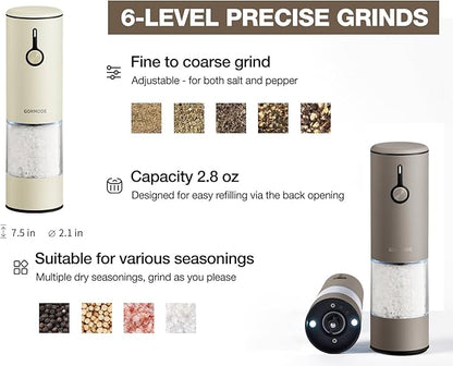 Stainless Steel Rechargeable Electric Salt and Pepper Grinder Set – USB Charging, One-Hand Electric Mill, Adjustable Coarseness, LED Light & Dust Cover –2pack(Greige & Buttercream) - Image 4