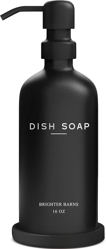 Black Glass Dish Soap Dispenser for Kitchen Sink by Brighter Barns - Modern Kitchen Soap Dispenser Set with Tray and Stainless Steel Pump - Modern Decor for Vacation Rental, Restaurants, Gifts (Black) by BrighterBarns