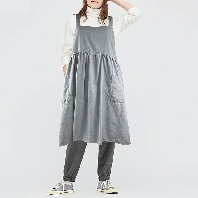 Uaussi Cotton Linen Apron Cross Back Work Apron for Women with Pockets Pinafore Dress X Cross Halter Apron for Chef Gardening - Image 7