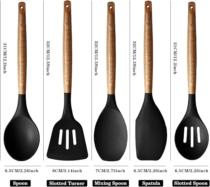Kitchen Utensils Set, Silicone Cooking Utensils Set,Non-Stick Silicone Spatula Set with Natural Acacia Hard Wood Handle, 5 Piece, Upgraded Thickened Cookware - Image 4