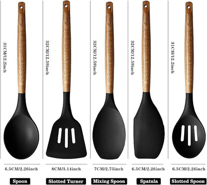 Kitchen Utensils Set, Silicone Cooking Utensils Set,Non-Stick Silicone Spatula Set with Natural Acacia Hard Wood Handle, 5 Piece, Upgraded Thickened Cookware - Image 4