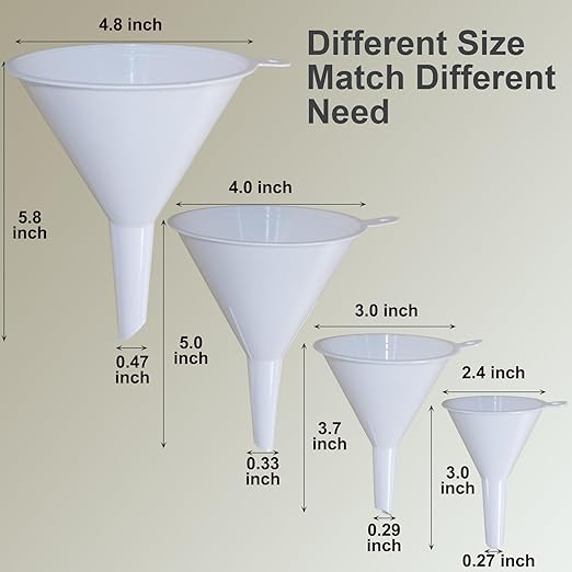 KongNai 4 Pieces Plastic Funnel Set for Kitchen and Automotive Use, Mini, Small, Medium and Large Funnel for Filling Bottles, Canning, Cooking, Lab or Car Oil Funnels (White) - Image 2