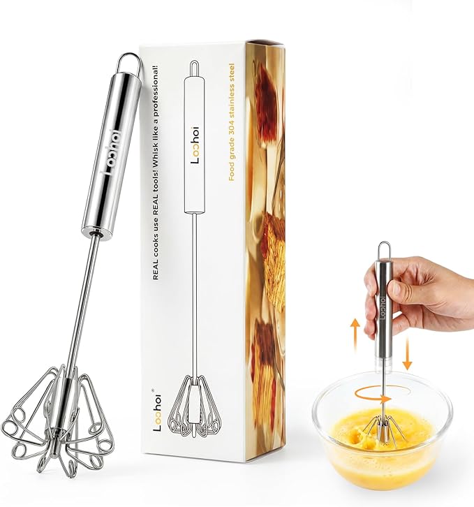 Upgraded Stainless Steel Semi-Automatic Whisk - Easy to Use Whizzy Whisk, Versatile Wisker Tool for Cooking, Kitchen Essential Egg Beater for Baking, Whisking, Beating & Stirring (10in） by LOOHOI