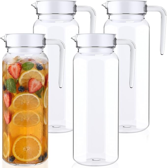 Didaey 4 Pcs Acrylic Water Pitcher with Lid, Spout Handle Clear Plastic Pitcher Heat Resistant Carafe Unbreakable Beverage Container Fridge Jug for Juice Ice Tea Sangria Lemonade (37 oz,Star Anise)