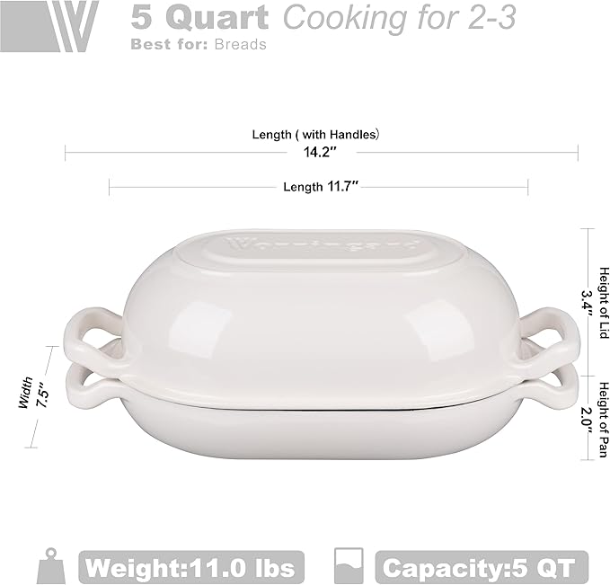 VORRINGARD Enameled Cast Iron Sourdough Bread Oven, Dutch Oven, Loaf Cast Iron Bread Pan for Homemade Bread Baking, Meatloaf Pan with Lid, 5QT, White - Image 2