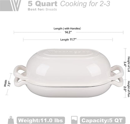 VORRINGARD Enameled Cast Iron Sourdough Bread Oven, Dutch Oven, Loaf Cast Iron Bread Pan for Homemade Bread Baking, Meatloaf Pan with Lid, 5QT, White - Image 2