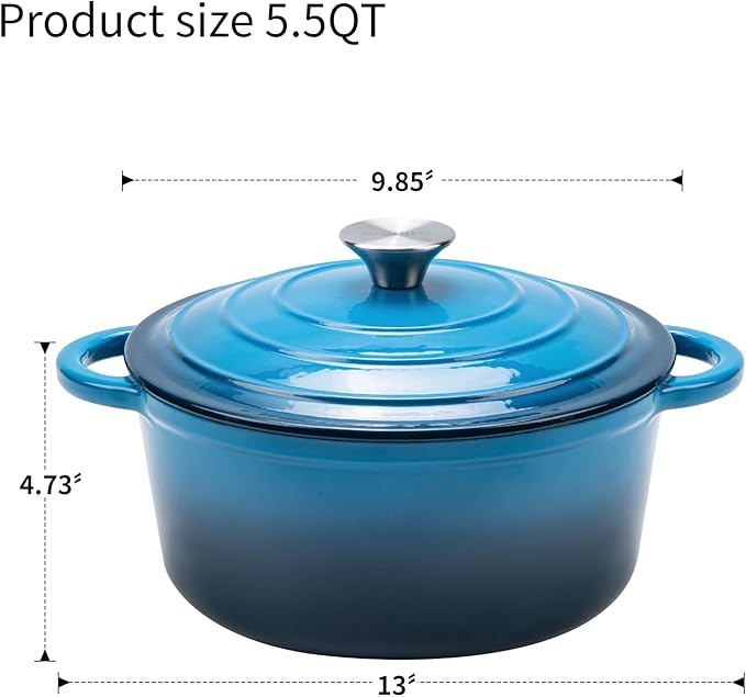 Enameled Cast Iron Dutch Oven - 5.5QT Pot with Lid,Oven Safe to 500°F,Heavy-Duty Cookware for Sourdough Bread Baking,Braising,Stews,Roasting blue - Image 3