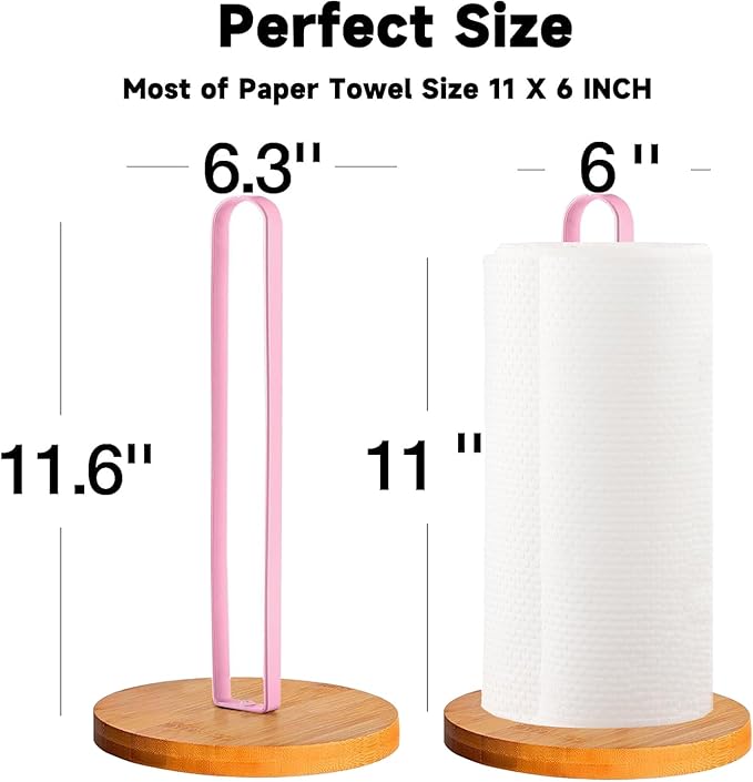 TONLEA Wooden Paper Towel Holder Countertop, Kitchen-Towel-Holder FreeStanding with Non-Slip Base for Bathroom (Light Pink) - Image 2
