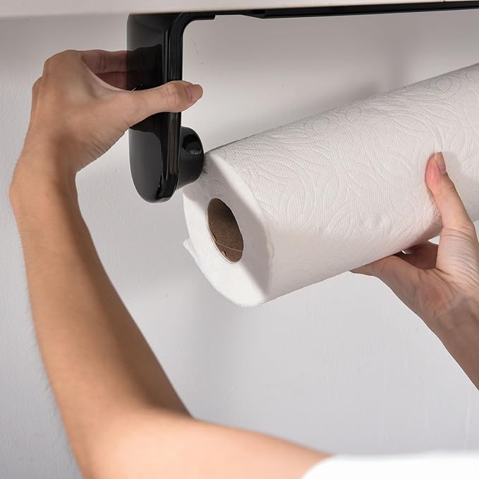 simpletome Paper Towel Holder Under Cabinet or Wall Mount ONE Hand Operation Tension Arm Kitchen Roll Holder (Black, for 24-28cm/9.4-11inches roll)