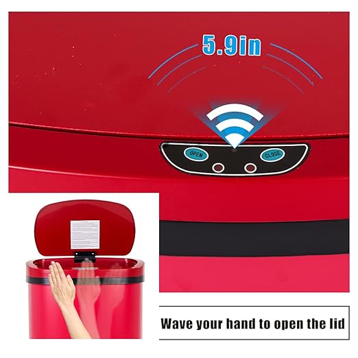 13 Gallon 50 Liter Garbage Can Kitchen Trash Can with Lid Automatic Sensor Touch Free Stainless Steel Waste Bin for Bathroom Bedroom Home Office,Red - Image 2