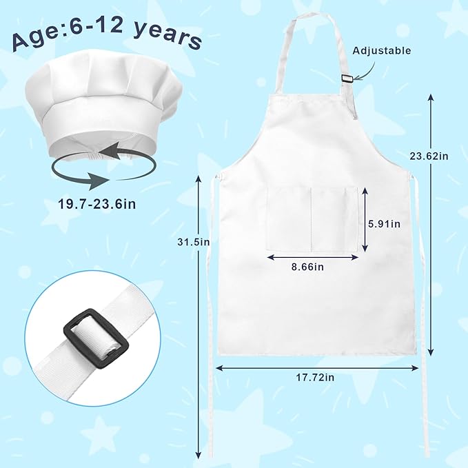Kids Apron and Chef Hat Set, 30 Pieces Boys Girls Kids Apron with 2 Pockets Adjustable for Cooking Classroom Baking Painting, 6-13 Years, White
