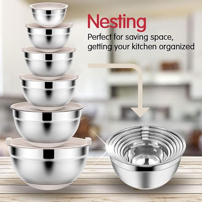 Rottay Mixing Bowls Set with Airtight Lids: 20PCS Stainless Steel Nesting Bowls - Size 7, 4, 3, 2, 1.5, 1QT Bowls with 3 Grater Attachments & Non-Slip Bottoms for Baking & Prepping - Image 5