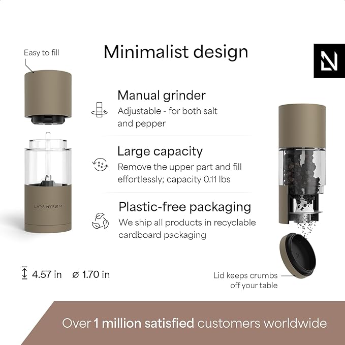 LARS NYSØM Salt and Pepper Grinder Set, Manual Salt and Pepper Mills with Adjustable Ceramic Grinder, Design Spice Shaker Set (Taupe Brown) - Image 4