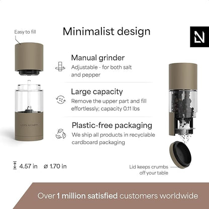 LARS NYSØM Salt and Pepper Grinder Set, Manual Salt and Pepper Mills with Adjustable Ceramic Grinder, Design Spice Shaker Set (Taupe Brown) - Image 4