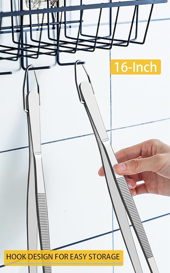JETKONG 2 Pcs 16-Inch Kitchen Tweezers Extra Long Tweezer Tongs, Heavy Duty Stainless Steel Cooking Tweezers (Silver) - Image 6