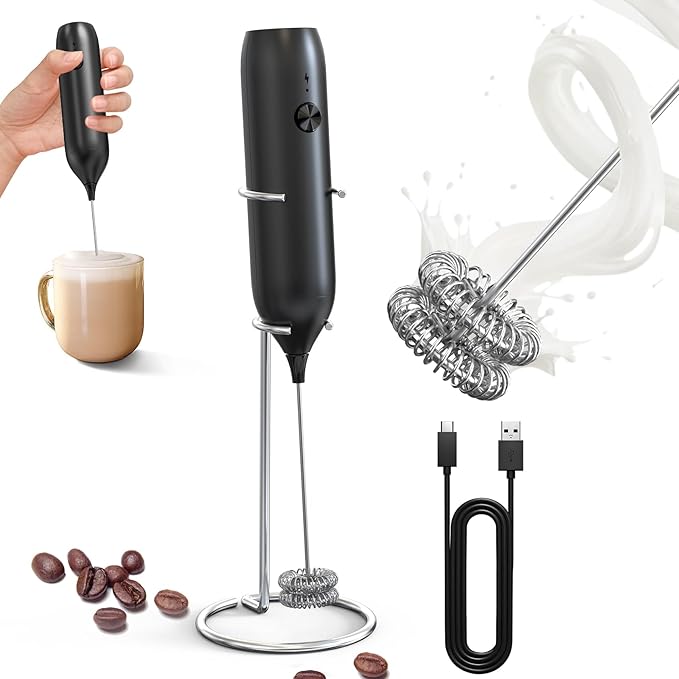 CIRCLE JOY Rechargeable Milk Frother Handheld with Stand, Double Coil Whisk Coffee Frother Wand Drink Mixer for Coffee, Cappuccino, Lattes, Frappe, Matcha and Hot Chocolate, Black by CIRCLEJOY
