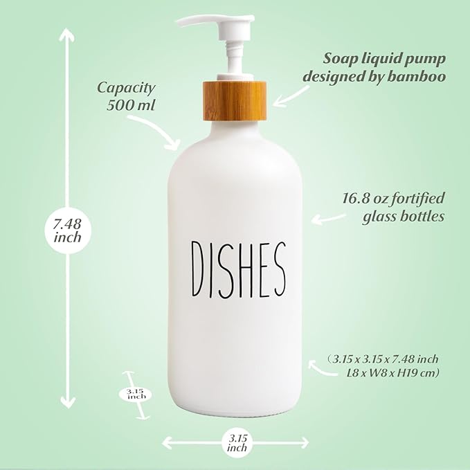 LOOCHICA Dish White Glass Soap Dispenser with Plastic Pump, 16 Oz White Dish Soap Dispenser Set Refillable Reusable Apothecary Soap Pump Dispenser Bottles for Bathroom and Kitchen - Image 3