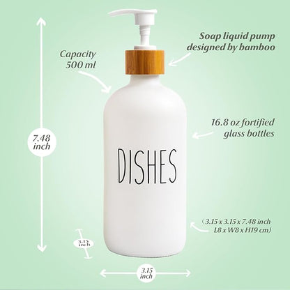 LOOCHICA Dish White Glass Soap Dispenser with Plastic Pump, 16 Oz White Dish Soap Dispenser Set Refillable Reusable Apothecary Soap Pump Dispenser Bottles for Bathroom and Kitchen - Image 3