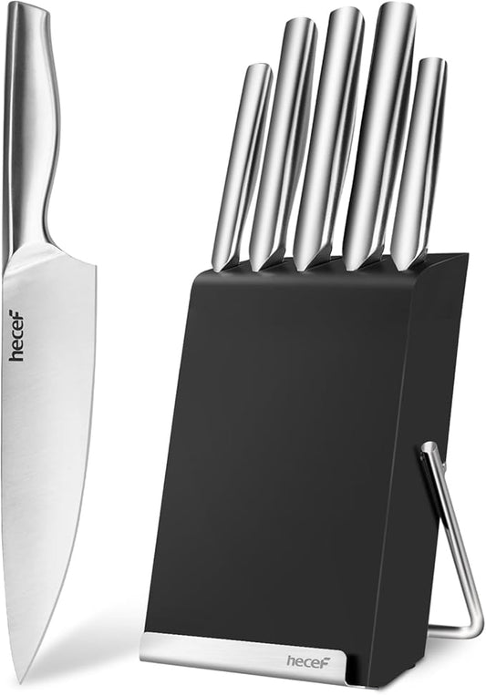 hecef 6-Piece Silver Stainless Steel Knife Set with Tablet Stand, Innovative knife Block – All-in-One Kitchen Solution, Ergonomic Handles and Safe Storage