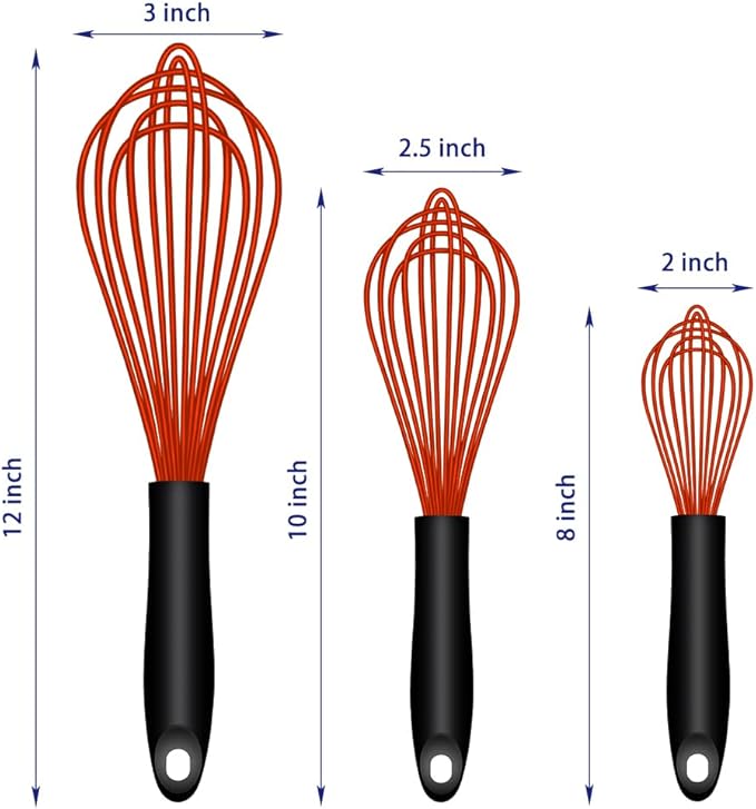 OYV Red Silicone Whisk, Sealed Waterproof Design Set of 3, Professional Kitchen Whisks for Cooking Non-Scratch, Silicone & Stainless Steel Whisk, Heat Resistant 480°F Balloon Egg Beater - Image 6