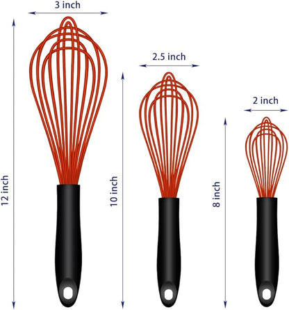 OYV Red Silicone Whisk, Sealed Waterproof Design Set of 3, Professional Kitchen Whisks for Cooking Non-Scratch, Silicone & Stainless Steel Whisk, Heat Resistant 480°F Balloon Egg Beater - Image 6