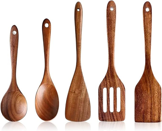 5 PCS Wooden Cooking Utensils Set, Kitchen Utensils Set, Wooden Spoons for Cooking, Non-Stick Heat-Resistant Wooden Spoons for Cooking, Ideal for Nonstick Cookware