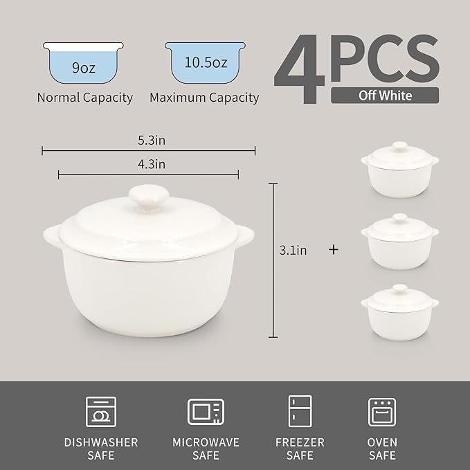 4-Pack Ceramic Mini Cocotte Set, 10 Oz Stoneware Casserole Dishes with Handles & Lids, Oven-Safe Ramekins for Soufflé, Soup, Cobbler & Baking, Individual Serving Bakeware, Off White