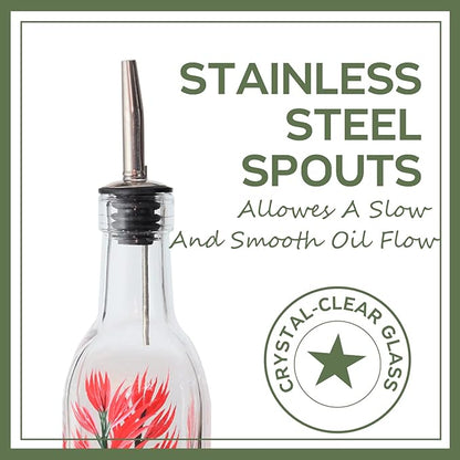 17oz Hand Painted Glass Olive Oil Bottle - 500ml Green Oil & Vinegar Cruet with Pourers - Olive Oil Carafe Decanter for Kitchen (Red and blue flower)