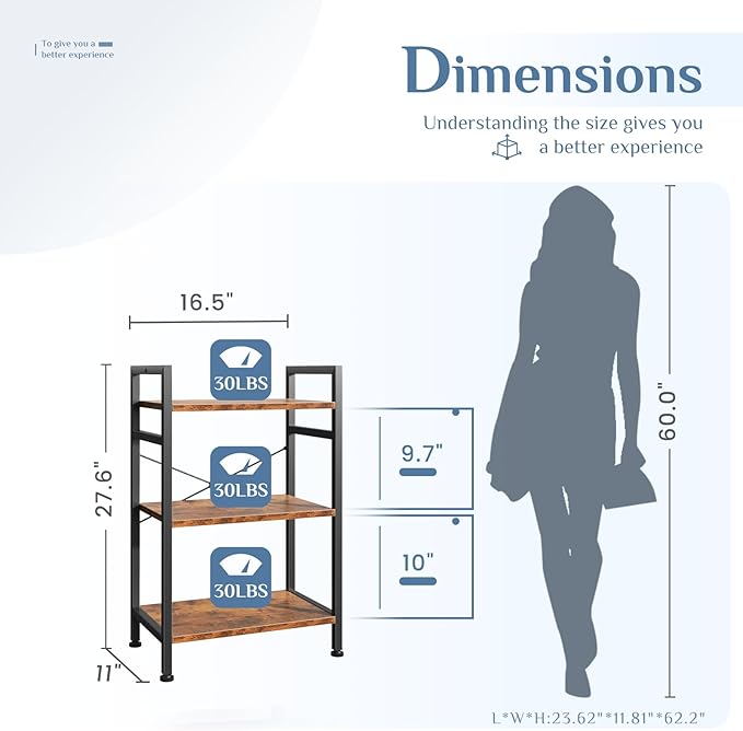 DUMOS 3 Tiers Bookshelf, Classical Book Shelf, Tall Display Shelves in Living Room/Home/Office, Storage Organizer for CDs/Books/Movies, Brown - Image 3