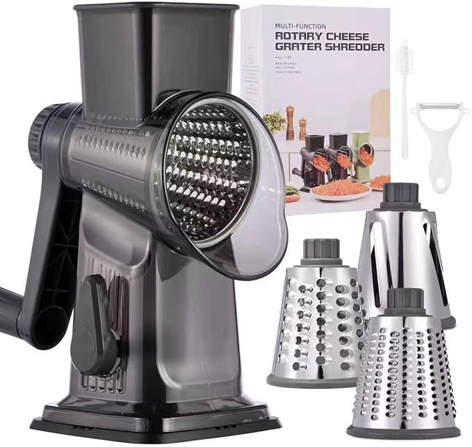 Rotary Cheese Grater with Handle Kitchen Shredder Slicer Grater Slicer Ice Shaver Cheese Vegetable Nuts Potato Zucchini Chocolate 3 Interchangeable Blades (Dark Grey TSP) by Ziweaye